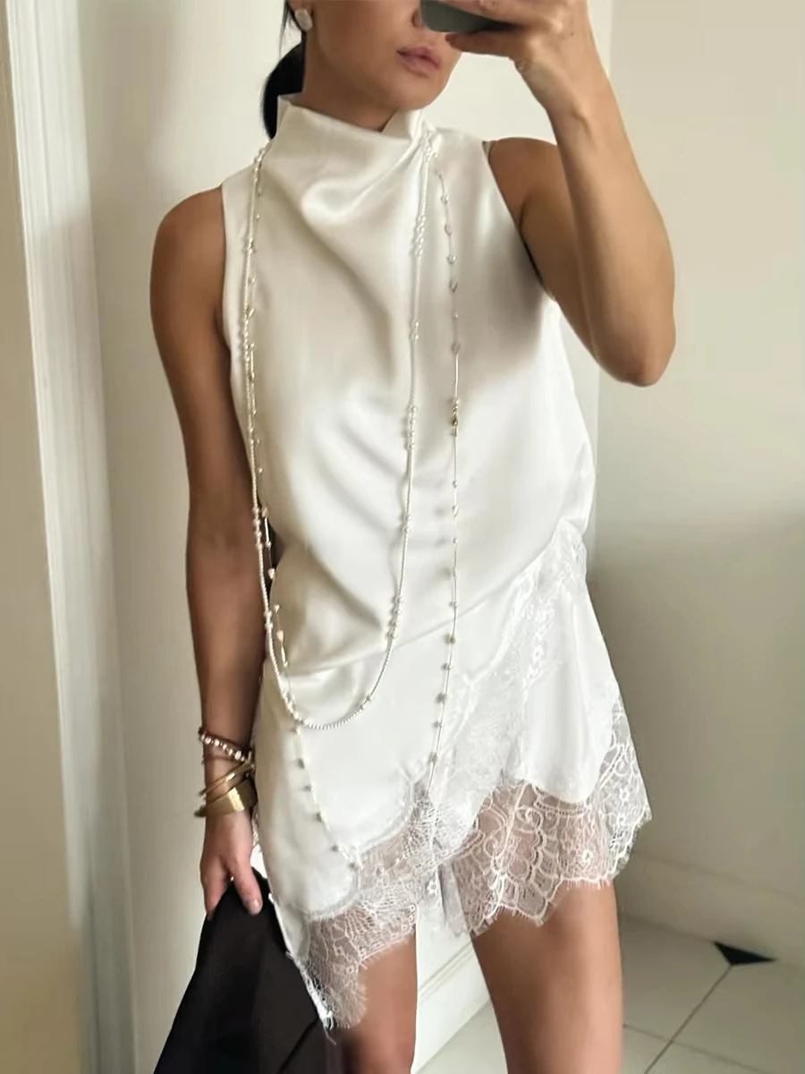 2026 Summer Women's Satin High Neck Vest Irregular Silhouette Delicate Lace Tanks Trim Sleeveless Top