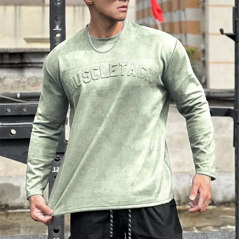 Spring and autumn new fashion street trend long-sleeved men's T-shirt casual shirt concave logo design ahead of men