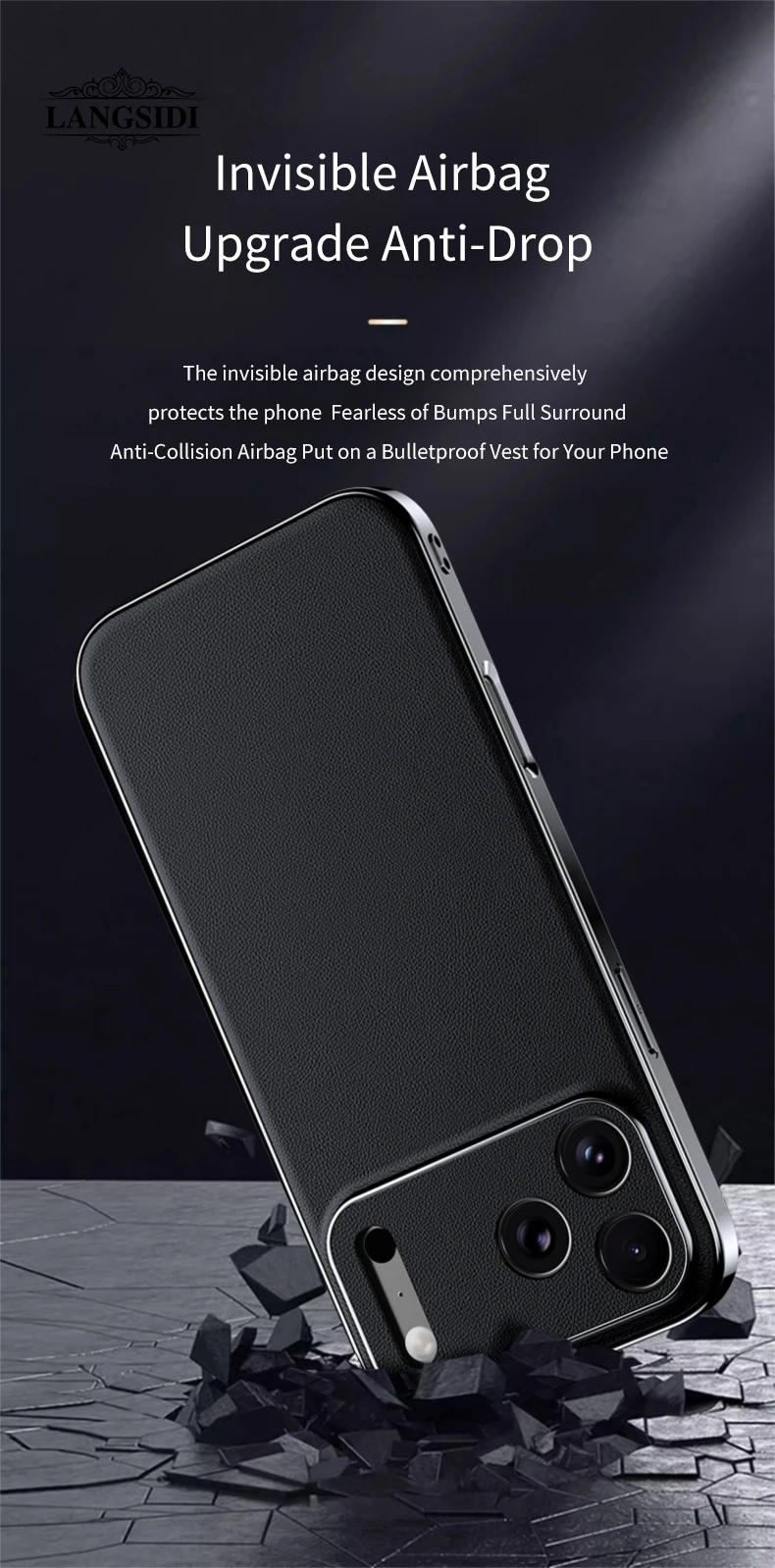 LANGSIDI Luxus-Leder-Handyhülle für iPhone 17 16 15 Pro Max Air 17 Pro 16 Pro, vollständiger Linsenschutz, Rückseite – Detail 9