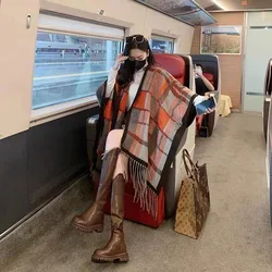 13 Colors Korea Women Oversize Plaid Printed Winter Poncho Faux Woolen Air Conditioning Capes Long Thick Vintage Shawl Blanket