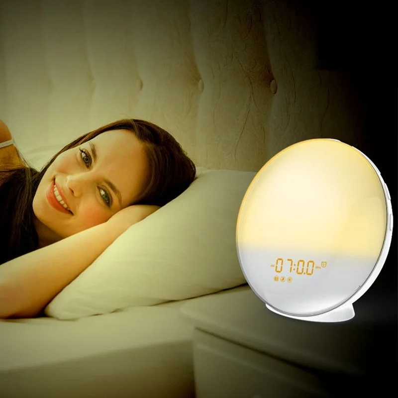 LED sunrise sunset FM radio modern home alarm clock music atmosphere voice APP wake up night light