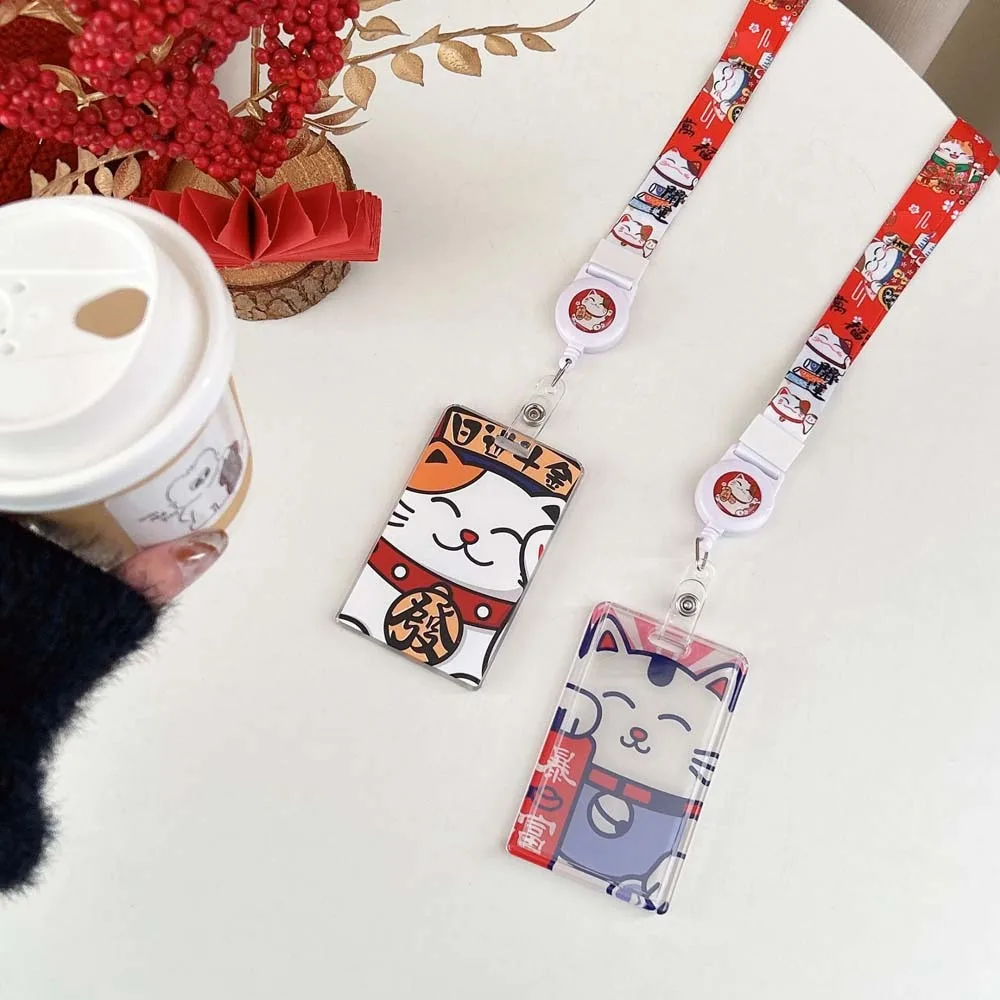 Long Rope Maneki Neko Card Holder Maneki Neko Cartoon Card Case Student Lucky Cat Card Cover Retractable Buckle Pendant