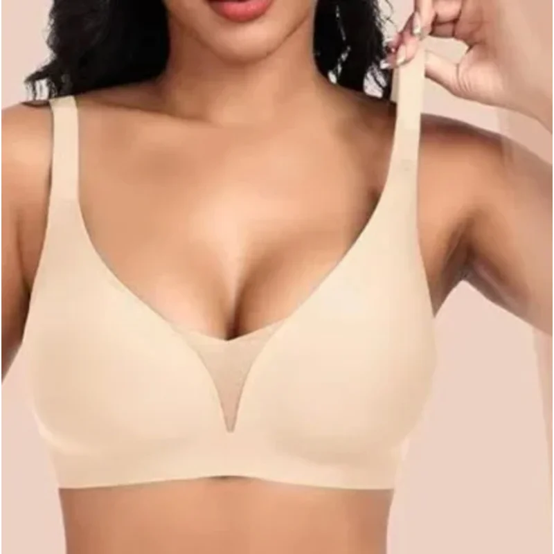 

Беспроводное цельное тонкое женское нижнее белье с глубоким V-образным вырезом, бесшовный удобный бюстгальтер для маленькой груди, тонкая ткань