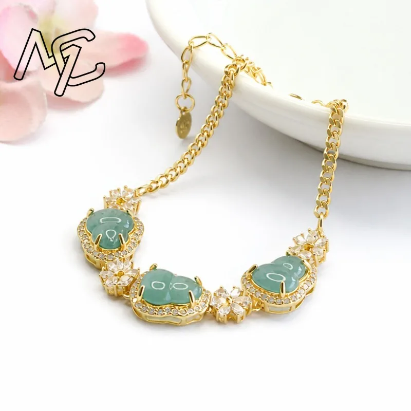Natural A Grade Blue Water Jadeite Calabash Inlaid Bracelet Gold Plated Zircon Decor Lucky Gourd Gemstone Bracelet Jewelry Gift 4