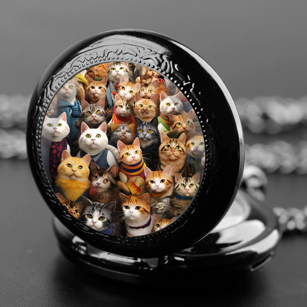 Black Silver Stainless Steel Funny Cats Glass Dome Quartz Pocket Watch Necklace Women Jewelry Pendant Chain Children