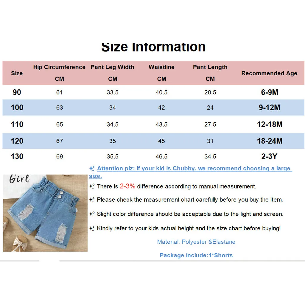 Toddler Girl Denim Shorts High Waist Elasticity Ripped Loose Fitting Denim Shorts Fashion Daily Versatile Pants for Kid 0-3Years