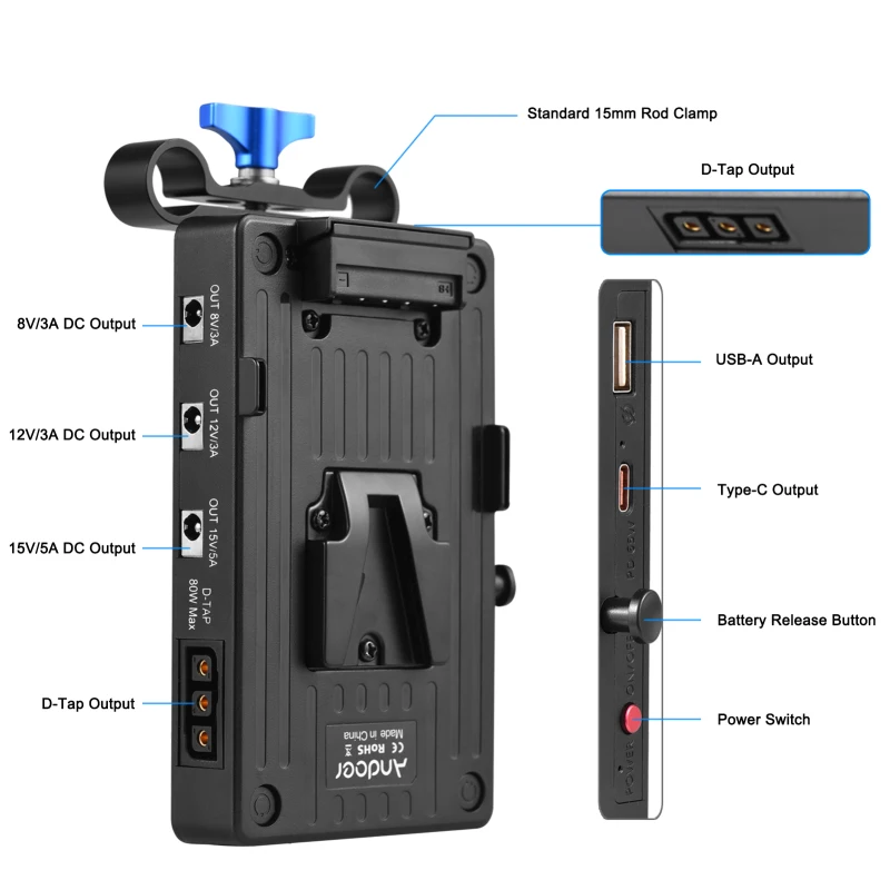 Andoer V Mount Battery Plate V Lock Battery Adapter Plate 65W PD Fast Charging Arm 8V/12V/15V DC Outputs D-Tap Output Accessory