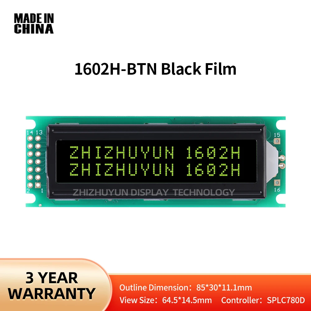 LCD Inglês BTN Display Screen, módulo treliça, filme preto, caracteres amarelos, vários idiomas disponíveis, 1602H, LCM16 * 2