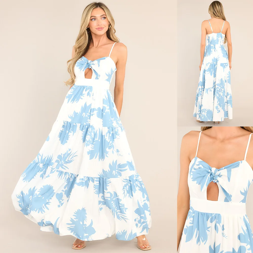 Women's New Strap Clothes Printed Erotogenic Hollow Out Front Chest Tie Slimming Long Clothes 8005 Midi Maxi Sexy Vestidos