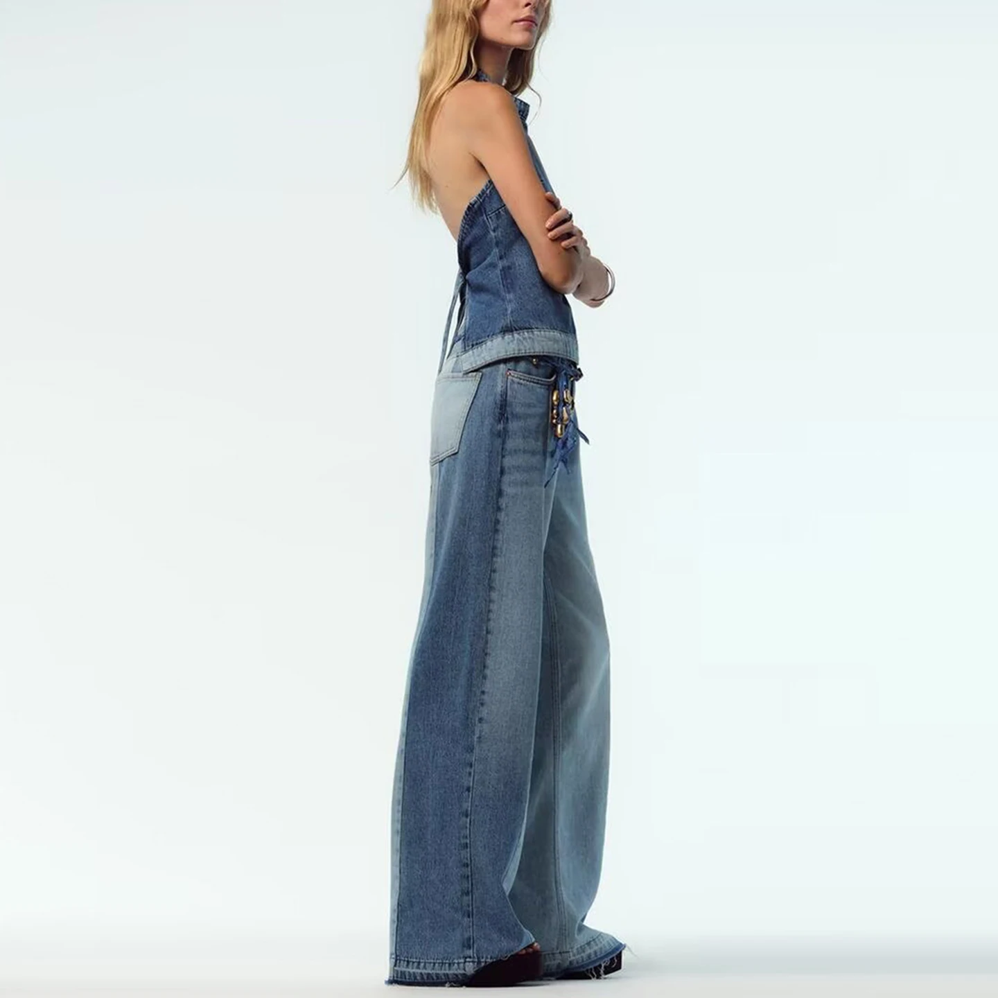 

Casual High Waist Wide Leg Jeans Women's Sle Patchwork Loose Fit Polyester Fiber Zipper Closure Four Seasons Universal