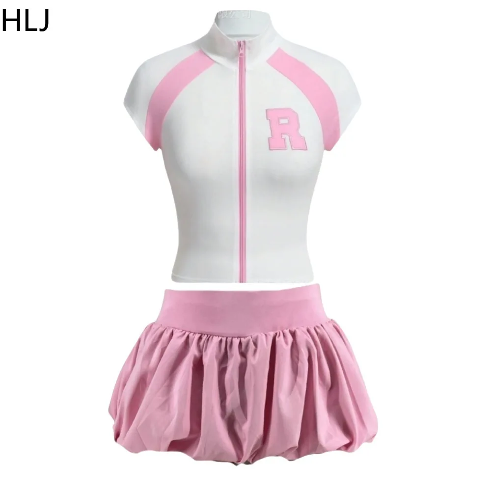 HLJ Y2K Fashion Letter Embroidery Two Piece Sets For Women Zipper Short Sleeve Slim Top And Puffy Mini Skirts Outfits Streetwear