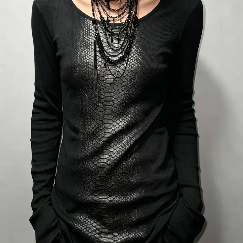 Gothic Aesthetic Y2K Grunge Vintage Snake Print Long Sleeve Tops Women Punk Slim Fit Tees Dark Basic T Shirt 2026 Fashion New
