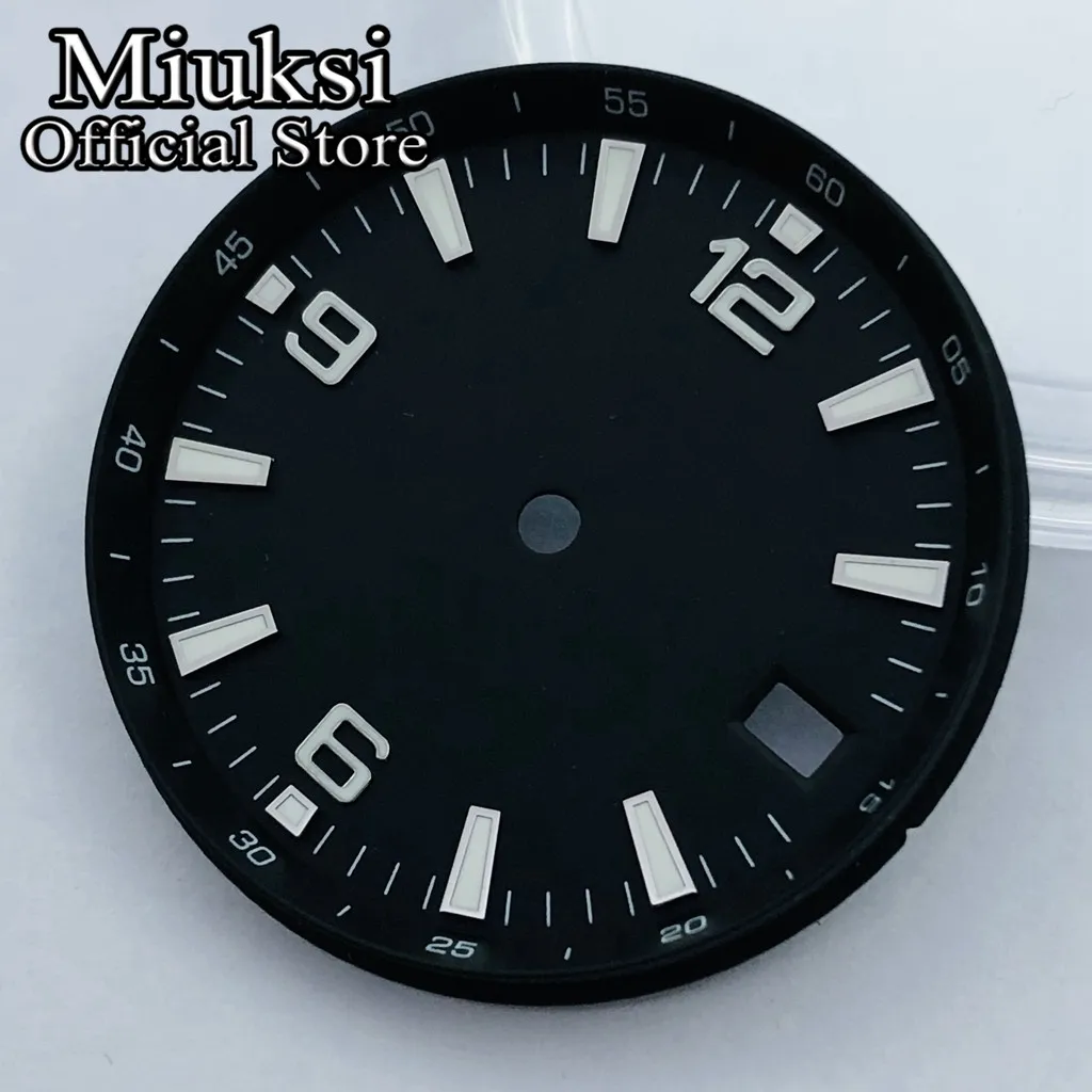 Miuksi 31mm black blue green white watch dial luminous fit NH35 movement