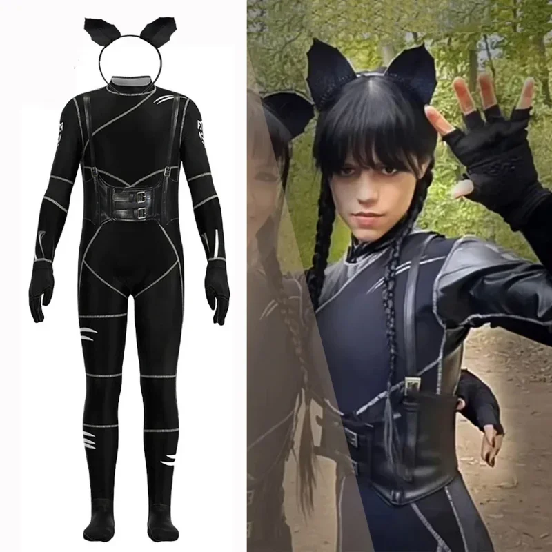Black Wednesday Cat Costume Kids Wednesday Addams Jumpsuit Catsuit Bodysuit Ears Headband Cat Cosplay Halloween Party Suit Girls