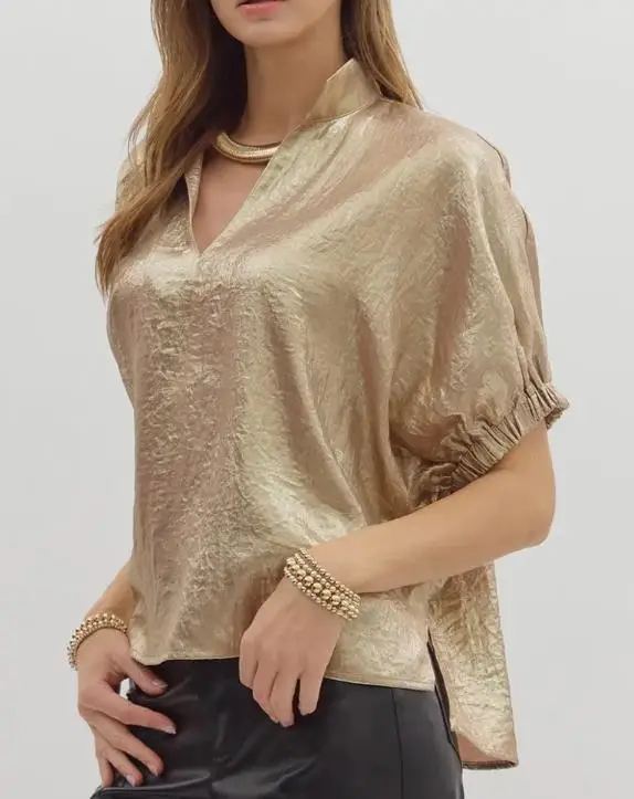 

2026 Spring Summer New Hot Selling Fashionable Women's Elegant Casual T-Shirt V-Neck Shiny Elastic Sleeve Top Female Clothing