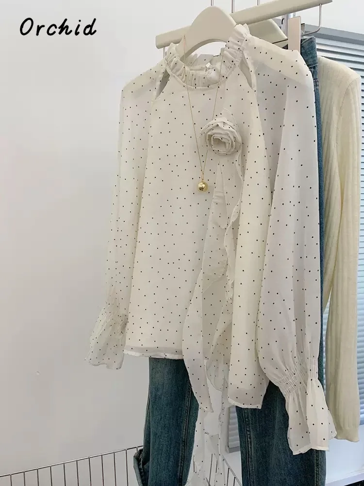 2025 Spring Elegant 3D Floral Round Neck Long Sleeve Shirt Women Causal Chic Soft Blouses Single Breasted Dots Print Tees Top