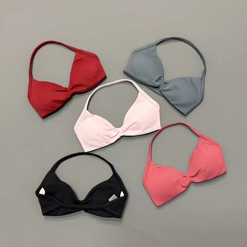 Women Halter Sports Bra V-Neck Padded Yoga Bra Removable Cups Butter Soft Seamless Workout Gym Fitness Activewear Top