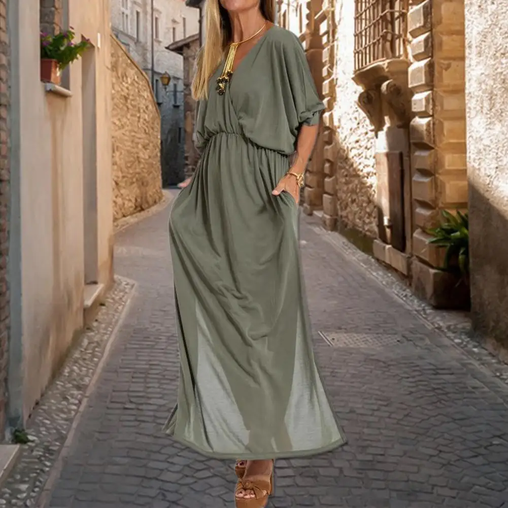 Women's Spring And Summer Shirt Loose Dress V-neck High Waist Dress Solid Color Slit Pleated Women's Party Dress