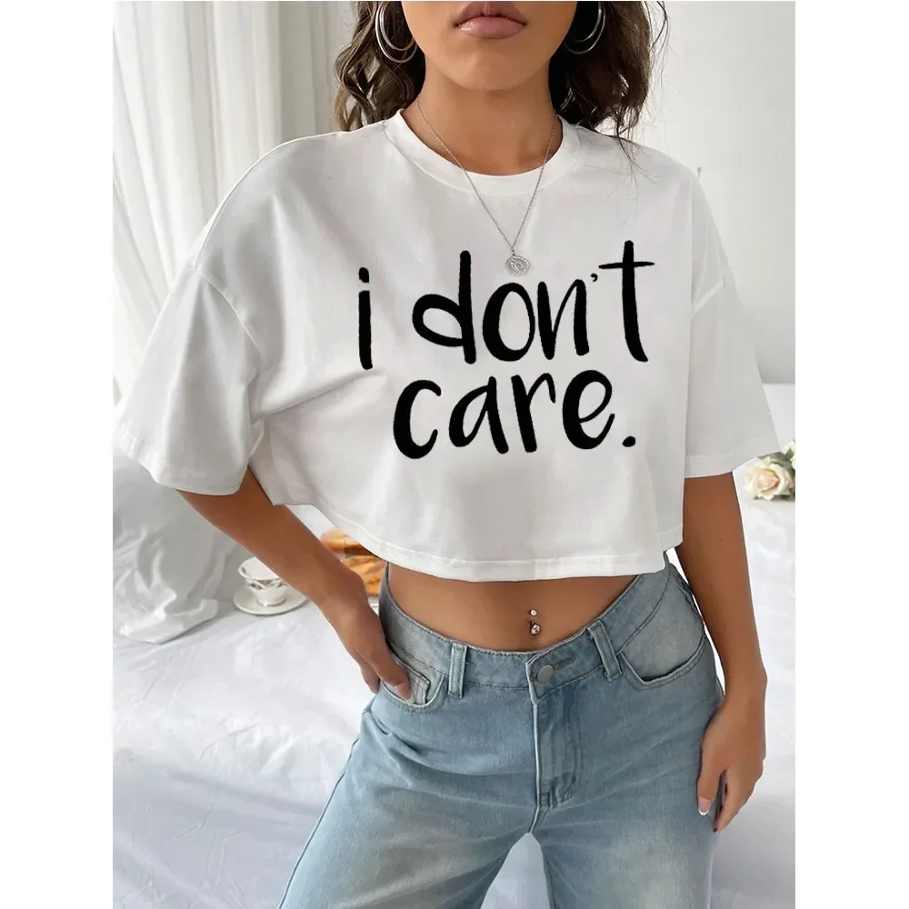 I Don't Care Print Crop Tee Women Clothing Personality Letter Printed 2026 New Short Sleeve Harajuku Sleeve Aesthetic Clothes