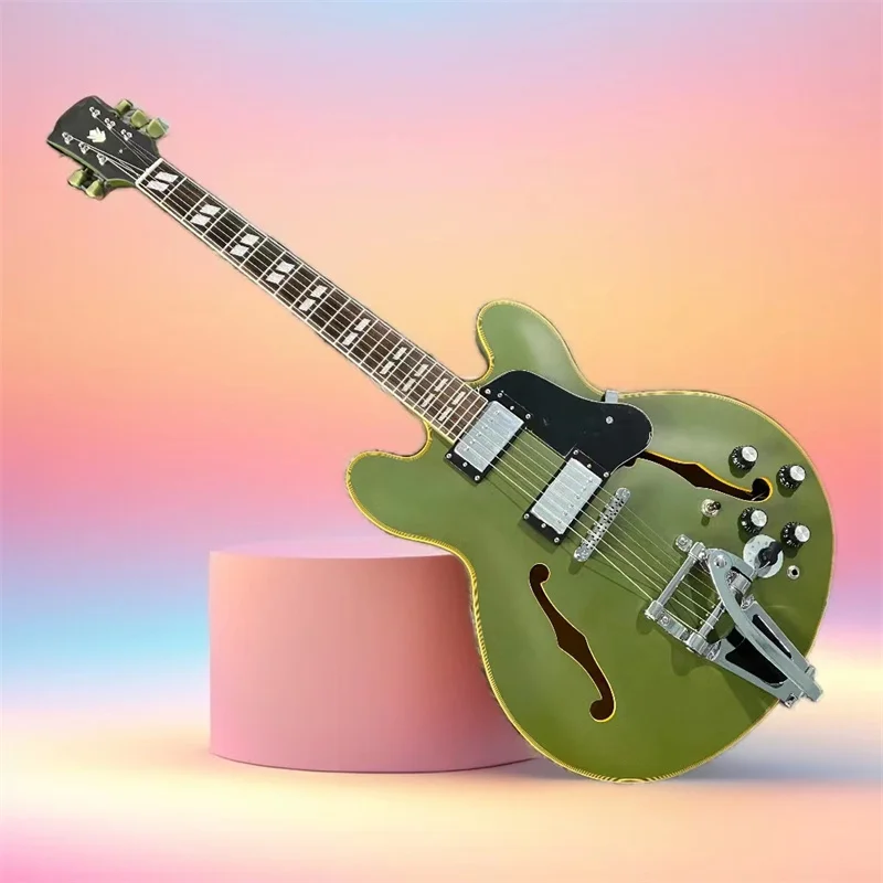 New Electric Guitar Matte Green Color Jazz Hollow Body 335 mahogany neck Chrome Hardware