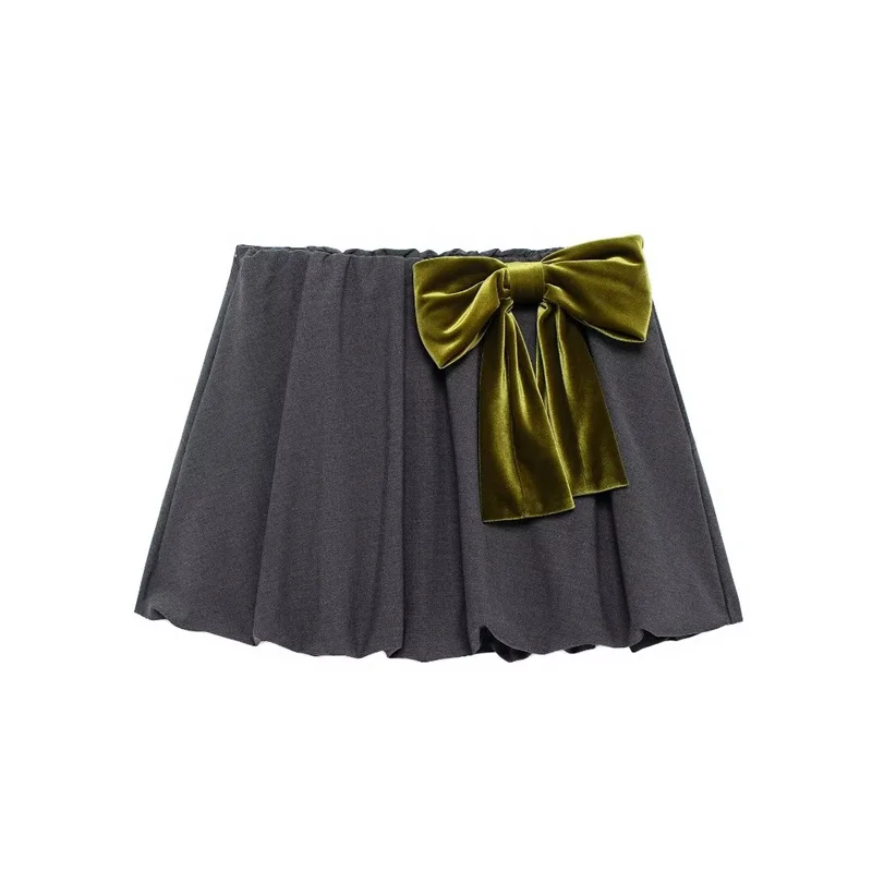 

Autumn Balloon Version Of The Short Skirt Women's Bow Decorative Solid Color Mini Skirt 2024 New Pleated Short Skirts