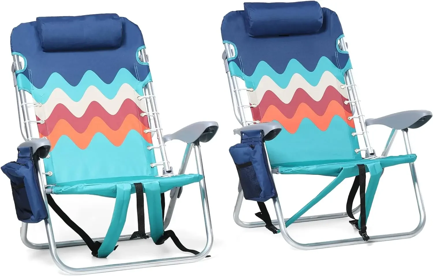 Beach Chairs Set of 2 with Cooler Bag 4 Position Classic Lay Flat Folding with Backpack Straps Support 250LBS (Sky Blue)