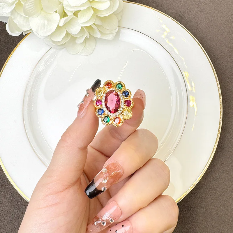 Women 24K Gold AU999 Vintage Diamond-Inlaid Fortune Flower Ring - Pure gold, delicate diamonds, bold flower