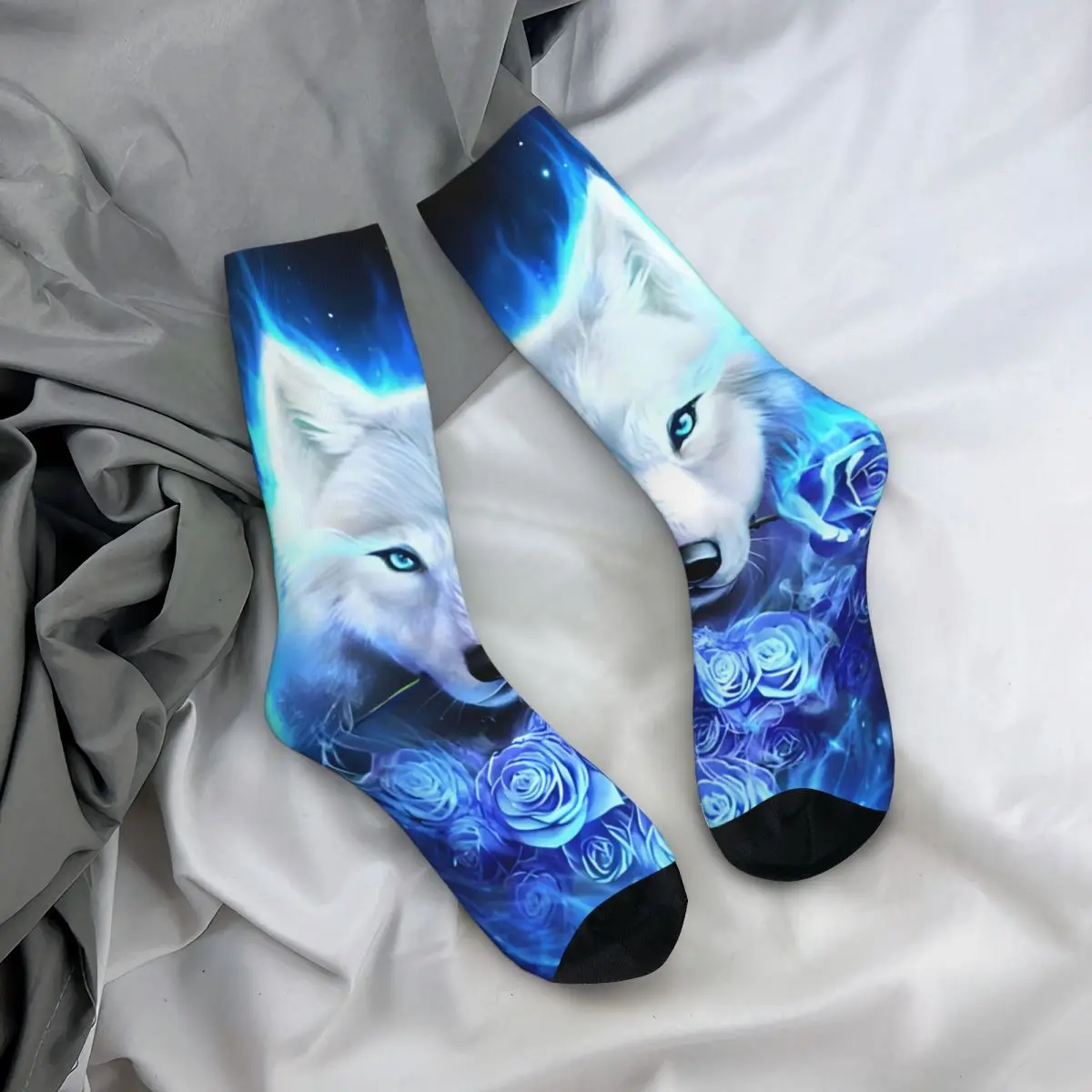 Funny Crazy Sock for Men White Rose WOLVES Hip Hop Harajuku Space Galaxy Wolf Happy Seamless Pattern Printed Boys Crew Sock