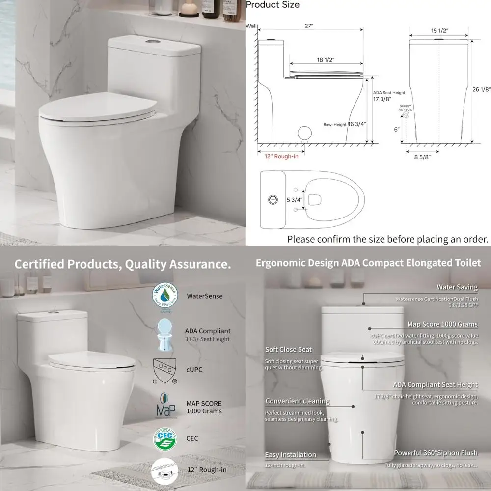 

«Совместимый высокий цельный унитазADA» с удобным сиденьем в форме стула, эффективная система двойного смыва, графический интерфейс 0,8/1,28 GPF, компактный дизайн