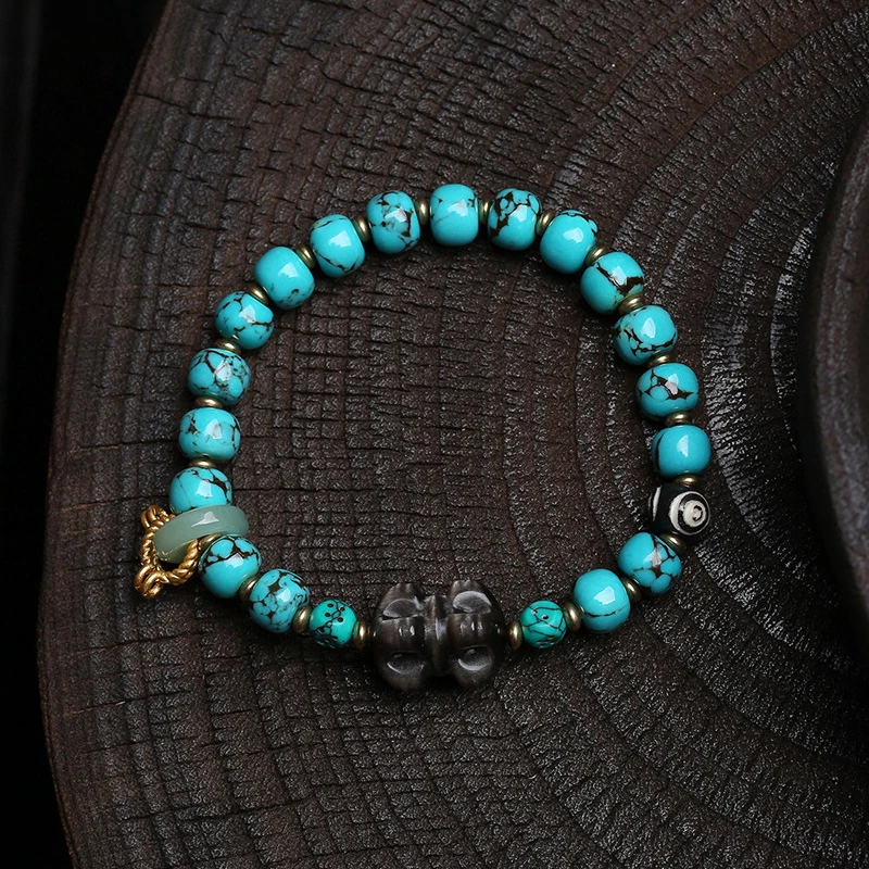 Natural raw ore second-generation turquoise bracelet with obsidian pestle and agate carved gourd accessories, Buddhist prayer be