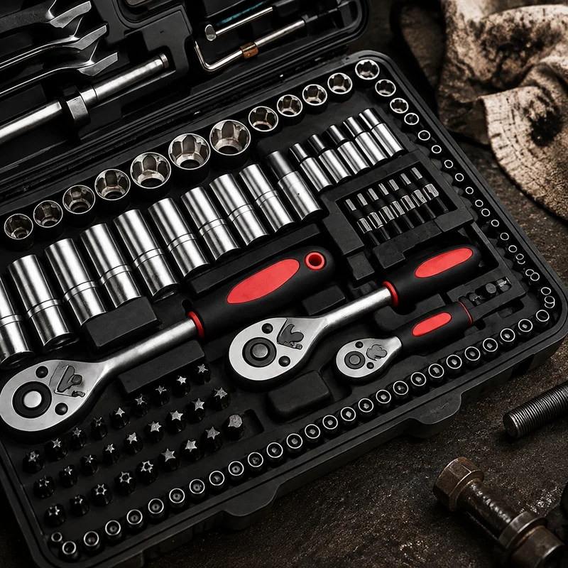 46-Piece Socket Set in Chrome Vanadium Steel with Ratchet, Extensions, and Portable Case for Car and Home Repairs