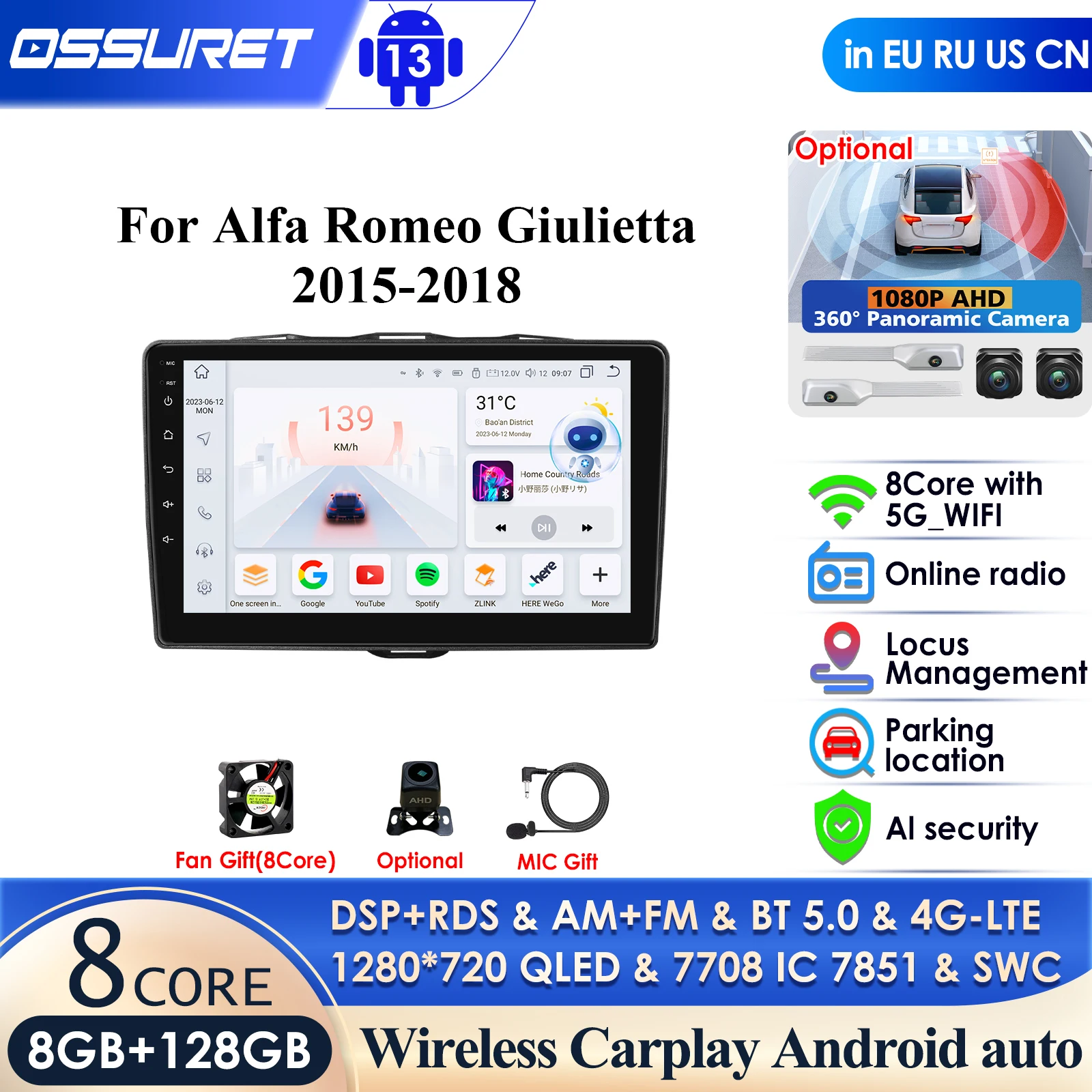 7862 Intelligent Screen Carplay 4GLTE 2Din Android 13 Car Radio for Alfa Romeo Giulietta 2015 - 2018 Furgonato Video Player WIFI