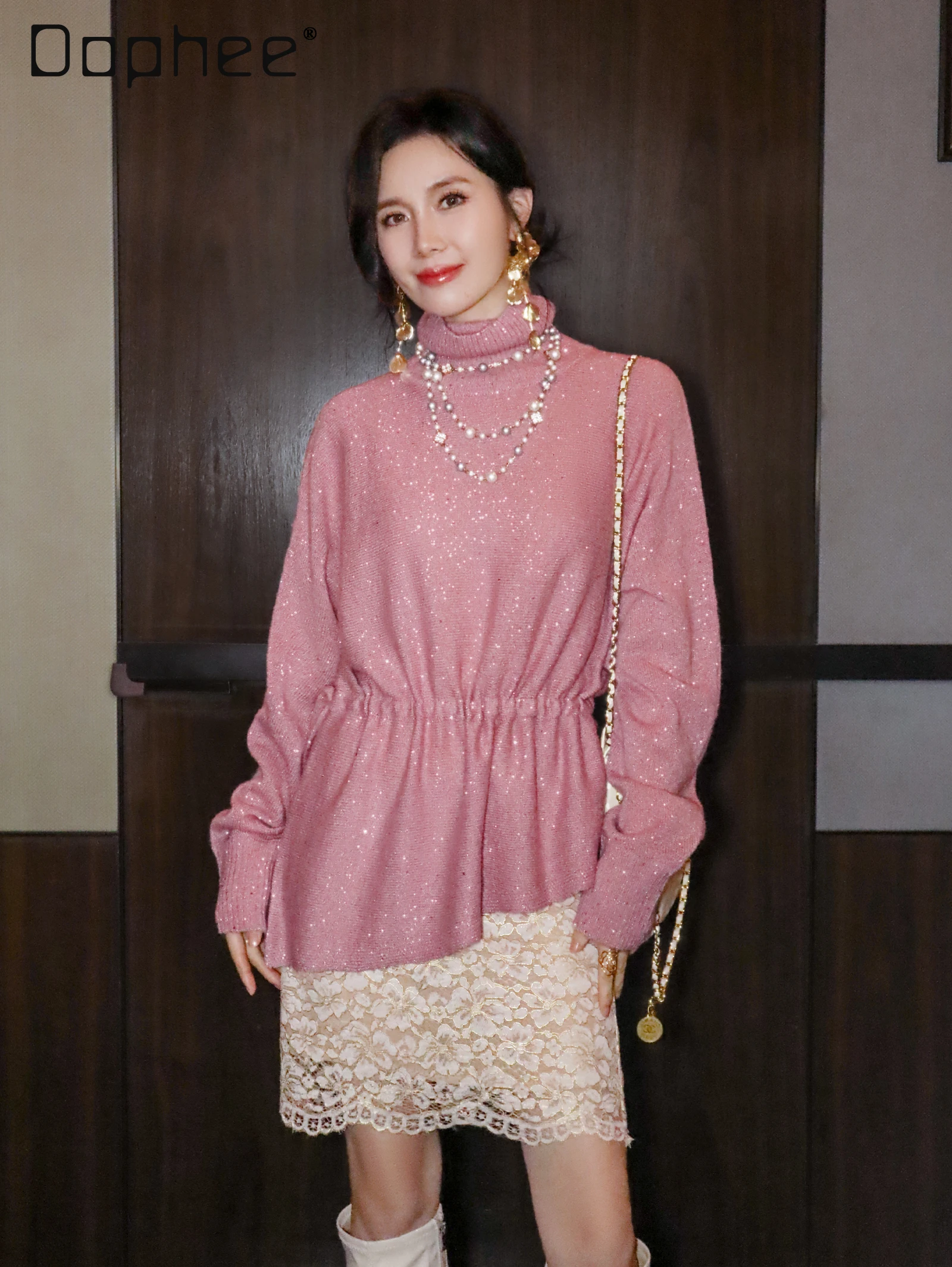 

French Elegant Socialite Beaded Wool Drawstring Light Luxury Warm High Neck Sweater Winter Women High-end Loose Knitted Sweater