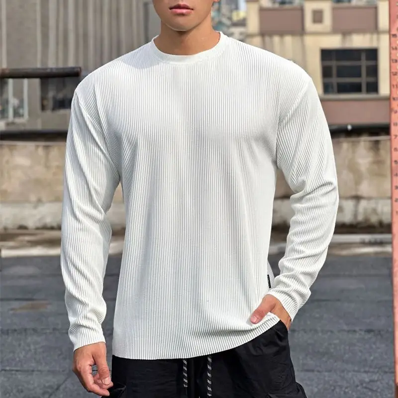 Loose long sleeve men's T-shirt outdoor casual solid color vertical grain men's shirt elastic fashion fitness sports men's wear