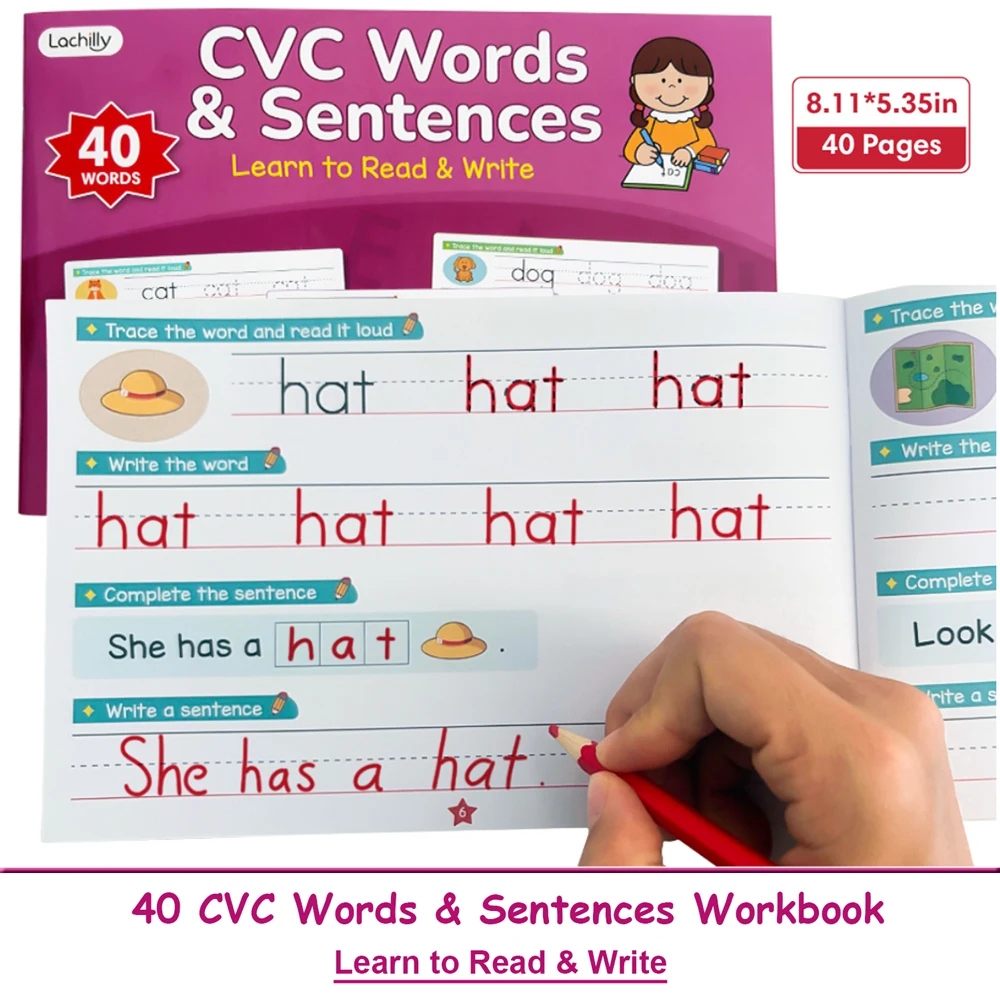 English CVC Words & Sentences Workbook Homeschool Teaching Supplies Kids Read & Write Sight Words Spelling Tracing Practice Book