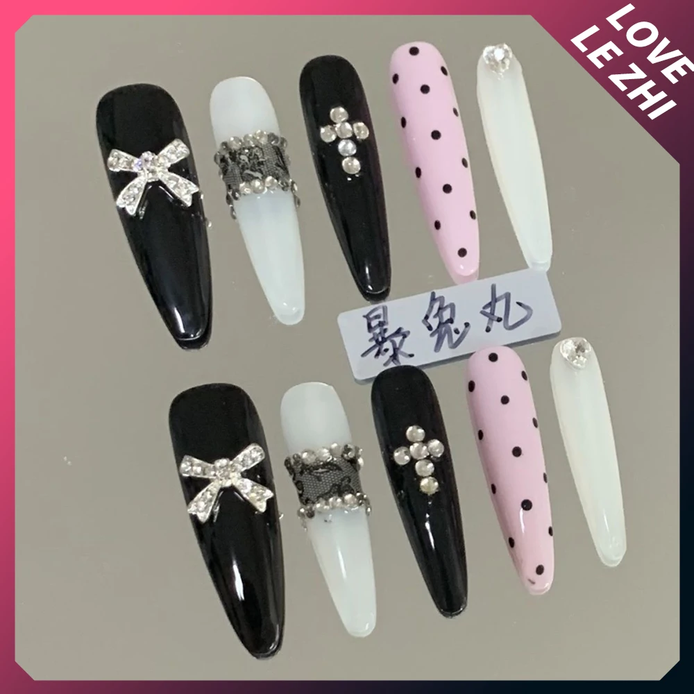 10Pcs Spice Girl Long Stiletto Coffin Handmade Full Cover Nails Sanrio Kt Glitter Diamond Metal Chain Flowers Wearable Fake Nail - Image 2