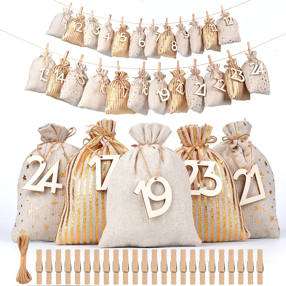 

72pcs/lot 10*15cm, 13*18cm Christmas Arrival Calendar Number Pouches Golden Linen Drawstring Bags Christmas Gift Packaging Bags