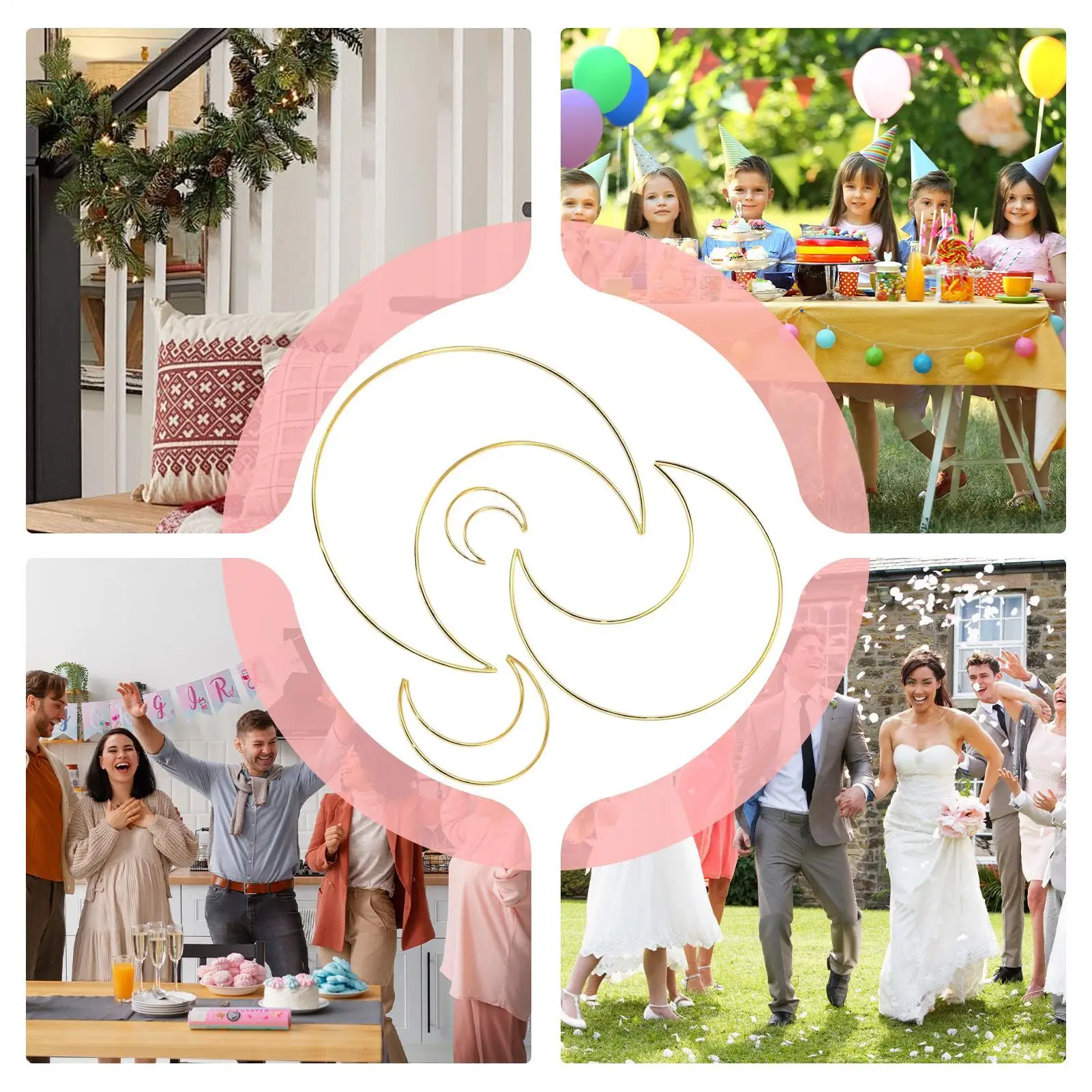 Anillos artesanales de metal, 4 piezas, colgantes de corazón de luna dorada, atrapasueños de Navidad, pentagrama, círculos de metal para proyecto de arte para el hogar festivo