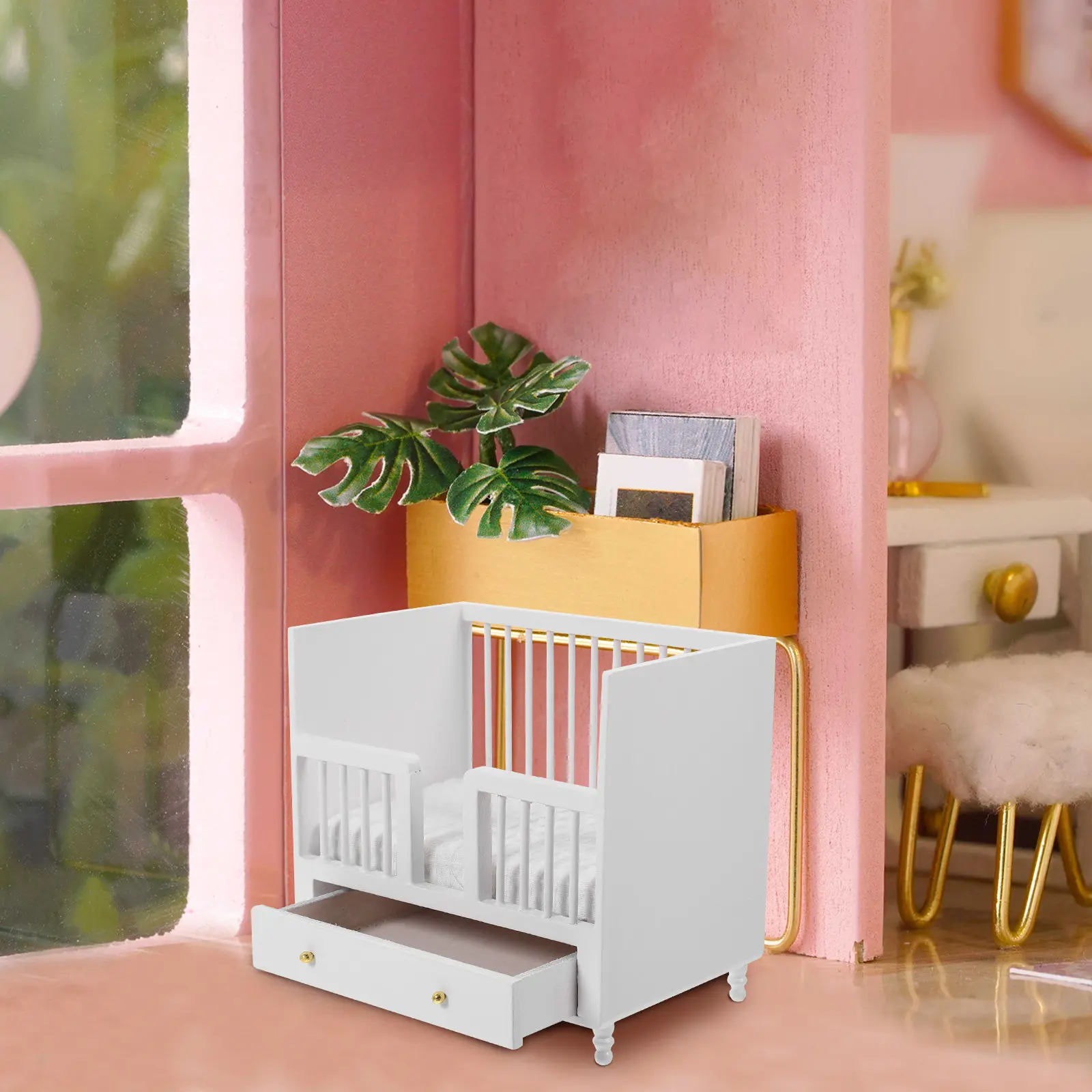 

Miniature Wooden Crib for Dollhouse Smooth Lines Stable Frame Simple Colors Includes Mattress Perfect Mini House Decoration