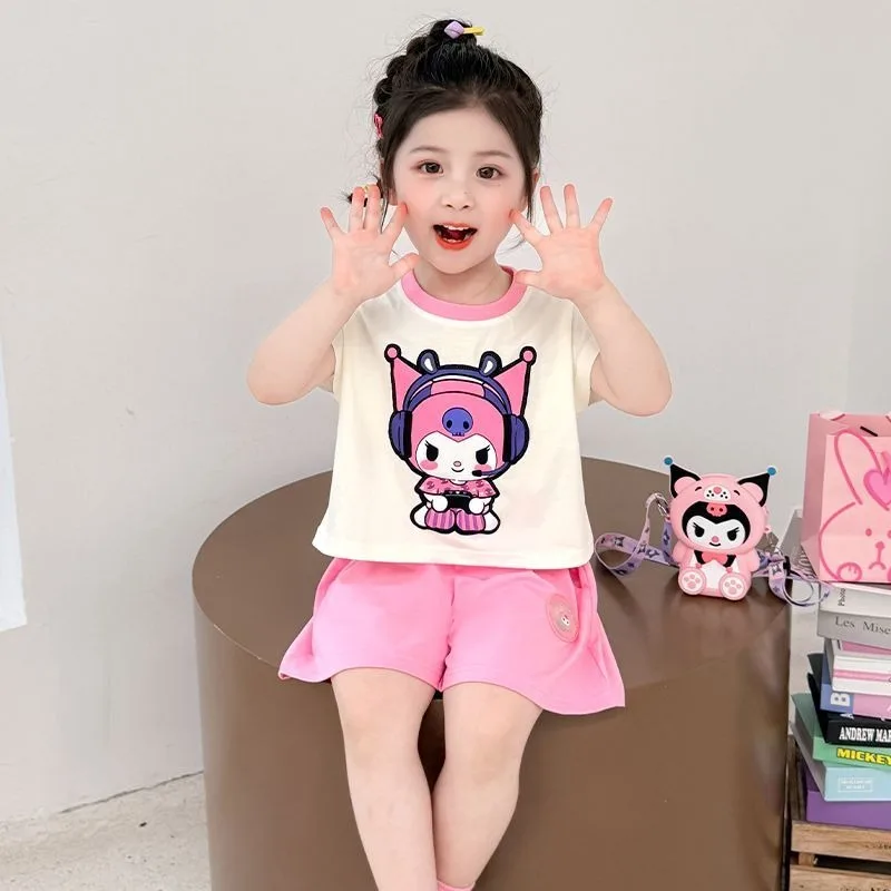 

Girls Boys Kawaii Sanrio Ins Fashion Kuromi Short Sleeve Shirt Pants Set 2025 Cutew Children Cotton Clothes Gifts for Kids