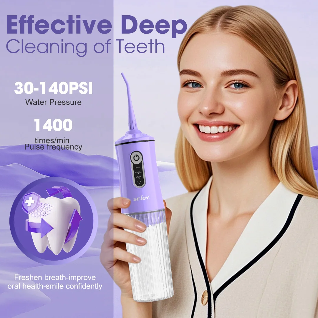 

Sejoy Dental Water Flosser C13 Ирригатор для полости рта Перезаряжаемая водоструйная нить Зубочистка 4 струйных наконечника 200 мл 4 режима Чистка зубов, фиолетовый