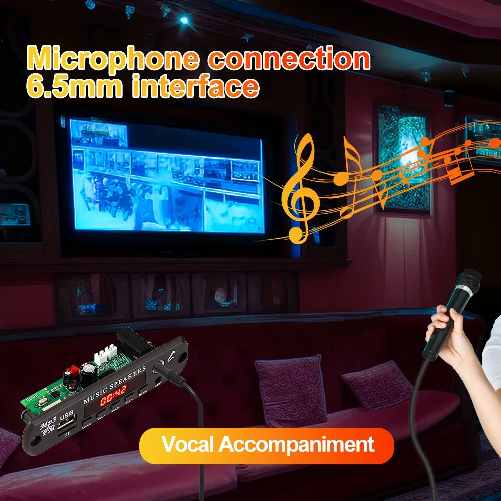 60W Bluetooth 5.0 MP3 Decoder Board DC 12-20V MP3 Player with Clock 6.5mm Mic Jack FM Radio TF AUX Function For Car Speaker