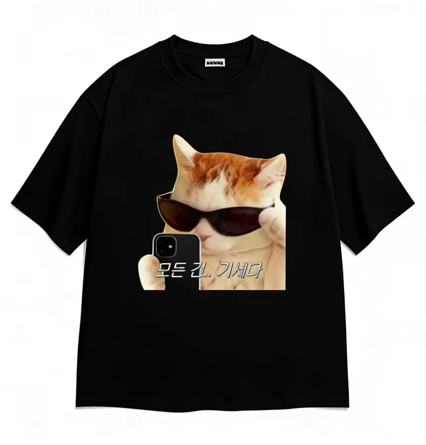 2026 Neutrale Stil Coole Katzen-Selfie T-Shirt mit koreanischem Text-Meme-Druck, Kurzarm, Rundhals, weich, waschbar – Detail 3