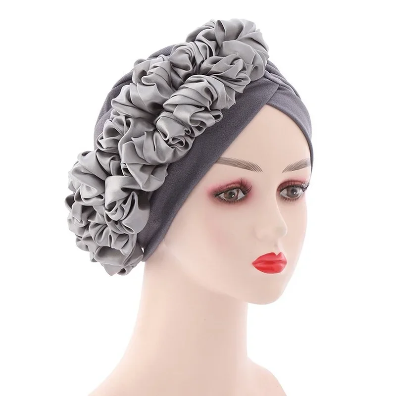 African Big Flower Turban For Women Muslin Hajabs Hat Pleated Beanie Headwrap Caps Islamic Indian Ladies Fashion Bonnet Headwear