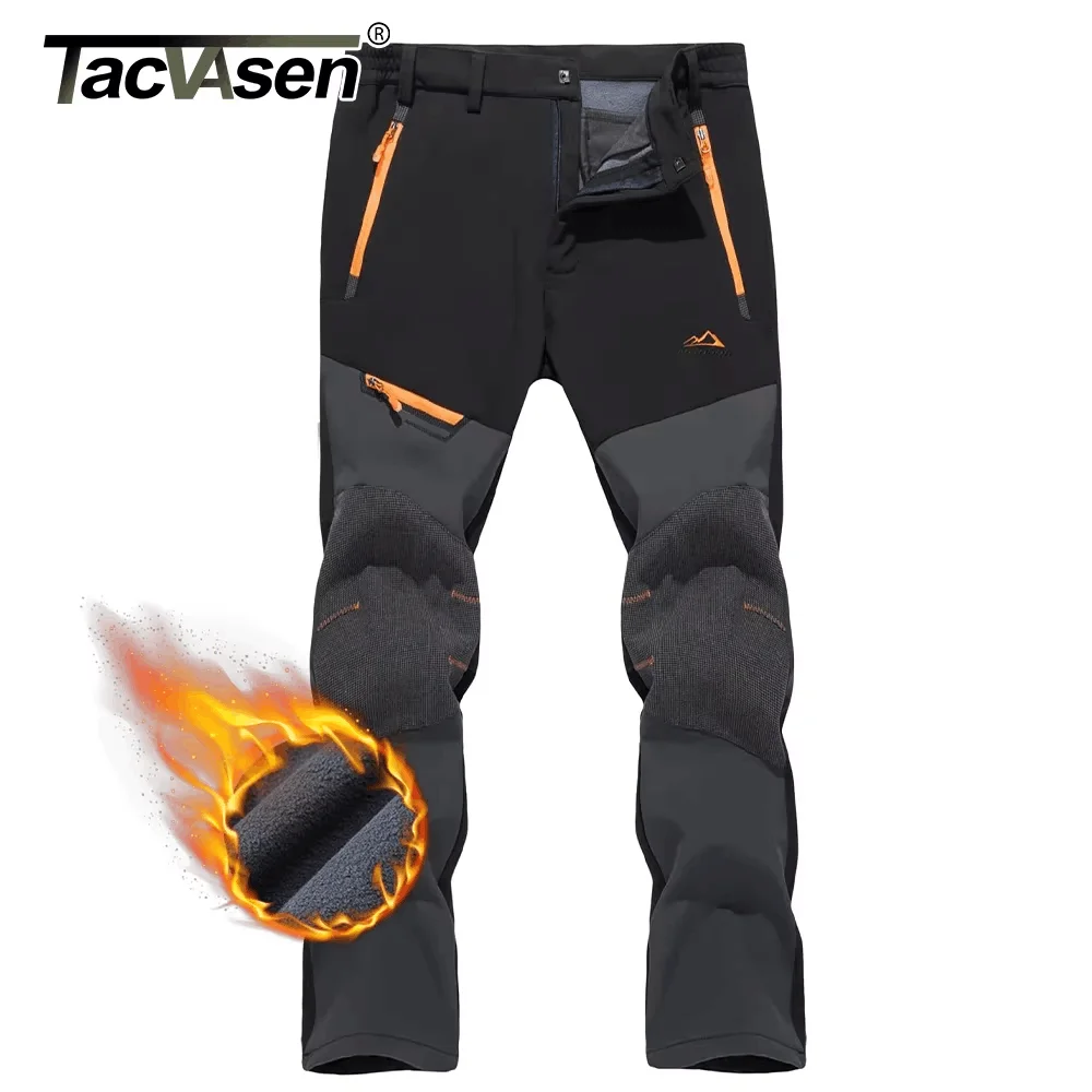 TACVASEN Winter Fleece Pants Mens Waterproof Camping Fishing Hiking Pants Zipper Pocket Reinforce Knee Casual Trousers Male