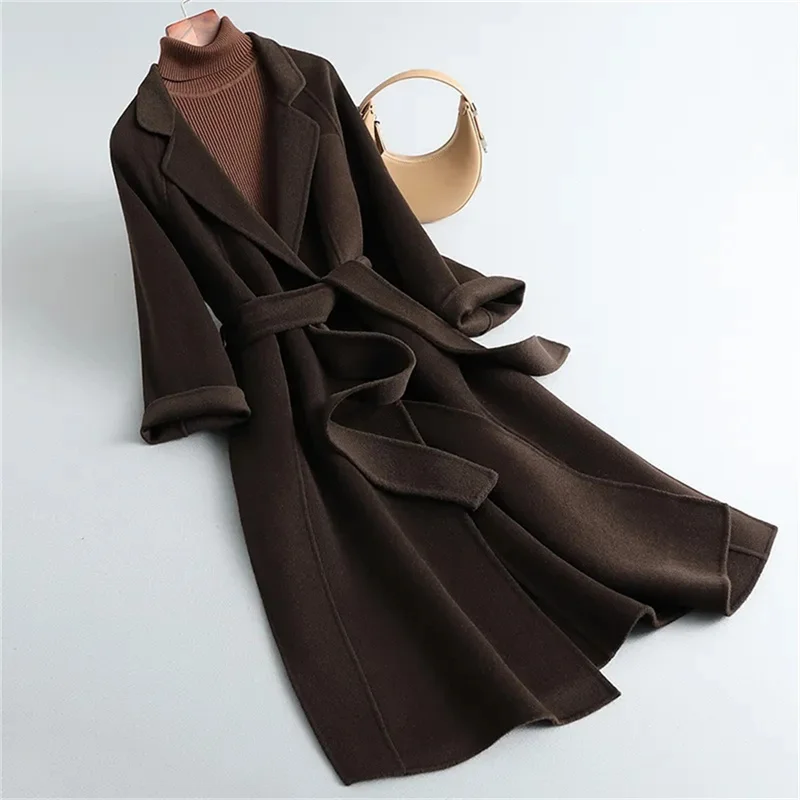 Cappotto di lana double face per donna Slim per l'autunno inverno Nuovo inverno Temperamento di fascia alta Cappotti di lana spessi con cintura