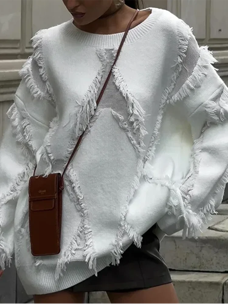 

Winter Harajuku Fashion Street Retro Loose Round Neck Loose Women's Sweater New Women Diamond Tassel Hollowed Out Sweater
