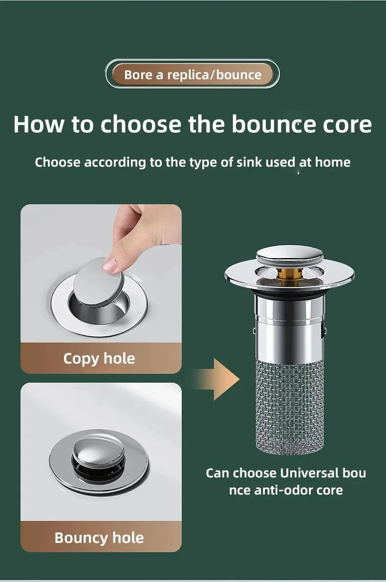 2PCS Washbasin Leak Plug, Stainless Steel Odor Proof Bouncing Core, Press Type Sink Drain, Universal Accessory for Washbasin