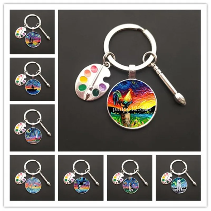 2021HOT retro oil painting character sailing wolf chicken men's and women's key ring charm car bag pendant glass key ring gift