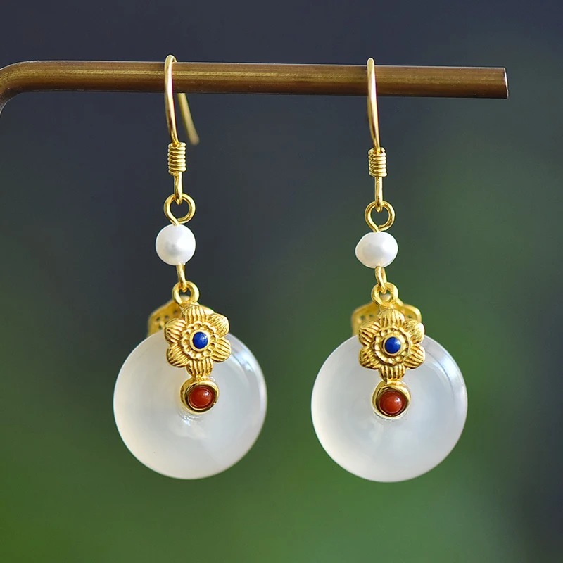 

Серьги из натурального белого агата, серьги из стерлингового серебра S925 с пряжкой мира в древнем стиле